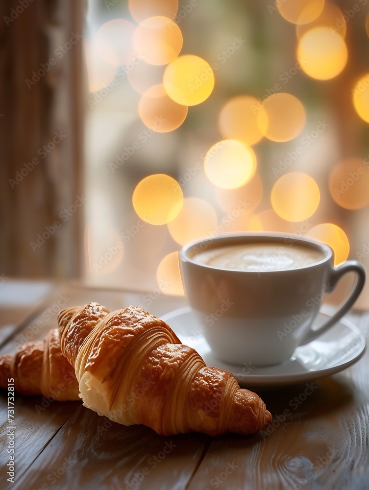Poster breakfast view a bunch of croissant and a cup of coffee with cafe vibe background. : generative ai