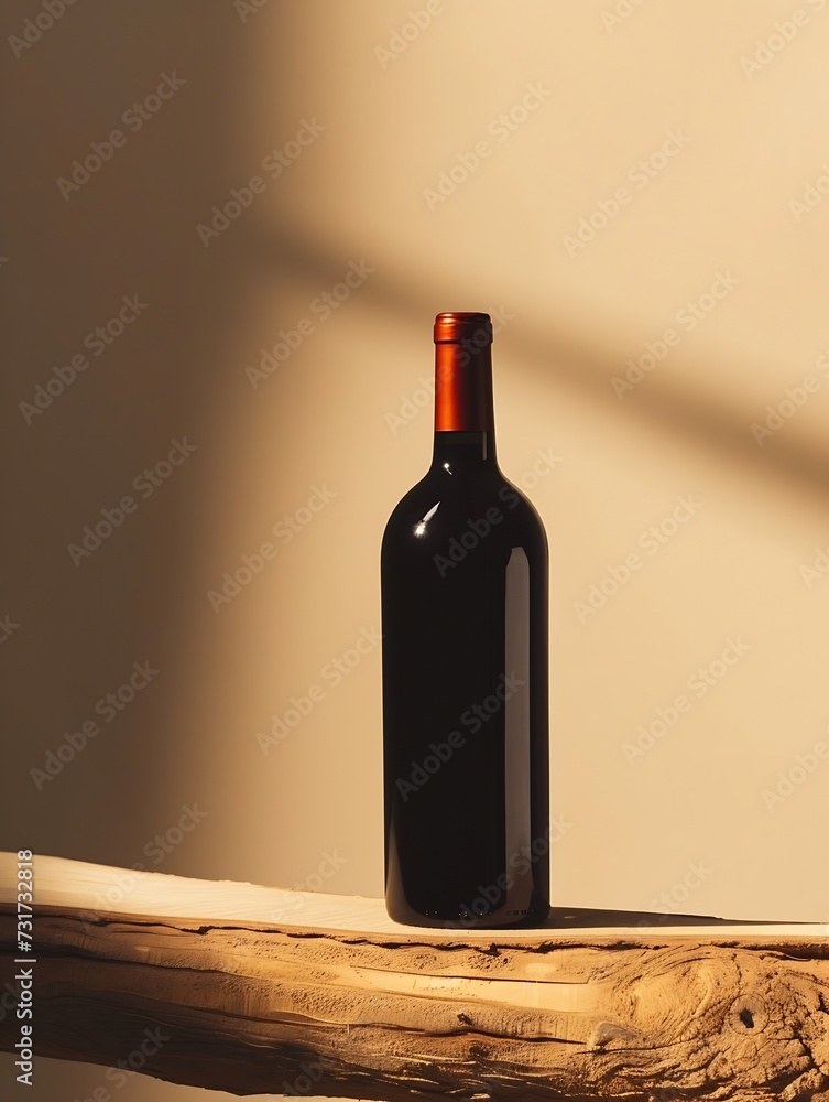 Poster bottle of red wine with a composition of old wood. minimalistic composition on a beige background fo