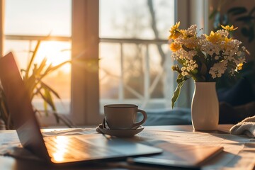 Home work place with laptop, cup of hot drink and blooming brunch in vase on coffee table near window on sunset or sunrise. Freelance, working from home, online learning, studying, hom : Generative AI
