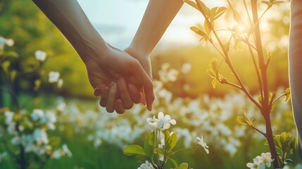 Man and woman holding hands together with love and relationship with green meadow blossom in foreground. Concept of springtime and dating people. Spring travel holiday man and woman en : Generative AI - obrazy, fototapety, plakaty