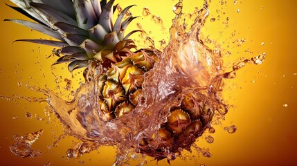 AI generated illustration of a ripe pineapple surrounded with pineapple juice splashes and droplets