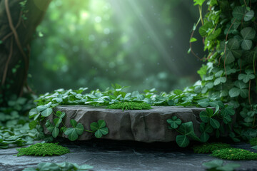 3d stone display stand enveloped in fresh, green clover and foliage under a canopy of trees with rays of sunlight filtering through, creating a serene display setting.