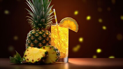 AI generated illustration of ripe pineapple with fresh pineapple juice, refreshment concept