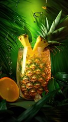 AI generated illustration of ripe pineapple with fresh pineapple juice, refreshment concept