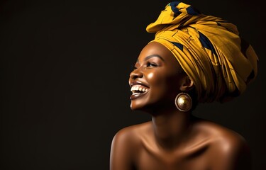 Fototapeta na wymiar African woman wearing yellow headwrap smiling, Generative Ai