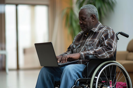 Disabled african american senior man sitting in wheelchair with laptop at home