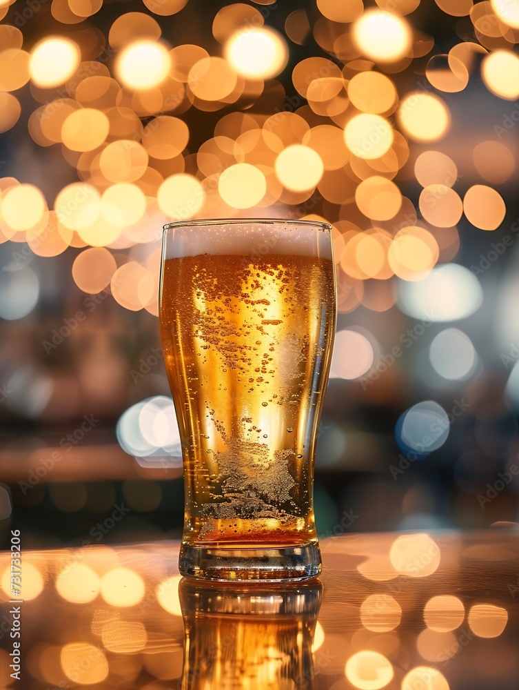 Poster glass of chilled beer on table and blurred sparkling bar background. : generative ai