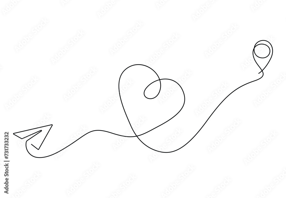 Aufkleber pointing location with hearts at map continuous one line art with romantic symbol for february 14,di