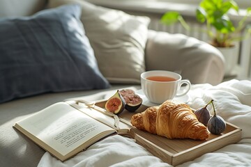Open notebook, wooden tray with fresh croissant and fig and cup of tea near decorative cushions on soft comfort couch in modern living room. Slow breakfast on weekend concept. : Generative AI