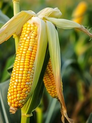 Corn cobs with corn plantation field background. : Generative AI