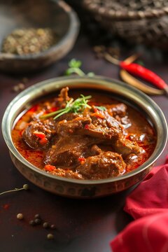 Traditional homemade Mutton curry from Asian cuisine. Spicy beef curry. Goan style beef vindaloo. Traditional Indian Lamb gravy popular in Kerala Sri Lankan Goa Appam Parotta porotta i : Generative AI