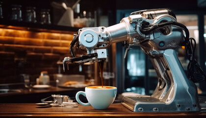 Robot arm serving hot coffee latte in a coffee shop