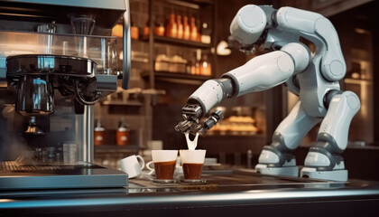 Robot arm serving hot coffee latte in a coffee shop