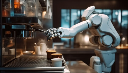 Robot arm serving hot coffee latte in a coffee shop - obrazy, fototapety, plakaty