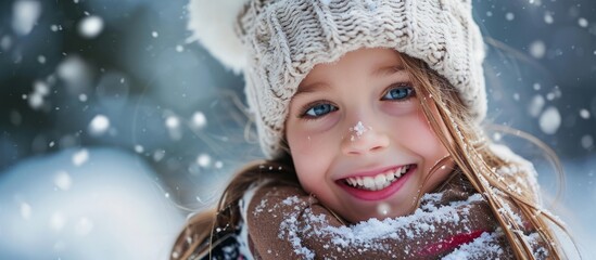 A happy little girl, with a hat on her head and a scarf around her neck, smiles in the snow.