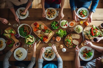 Top view of vegan friends gathering around wooden table chatting lively and eating bio organic food : Generative AI