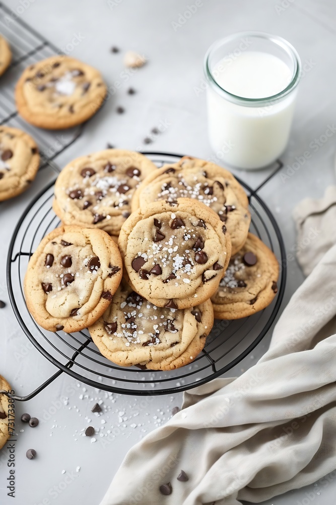 Poster Chocolate chip cookies on a cooling rack with flaky salt served with cold milk overhead shot : Generative AI