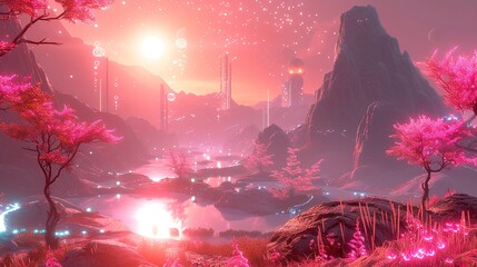 A futuristic pink land with a landscape with lighted icons 