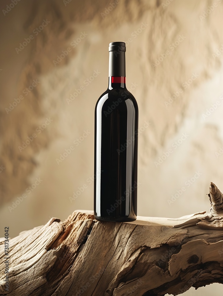 Poster bottle of red wine with a composition of old wood. minimalistic composition on a beige background fo