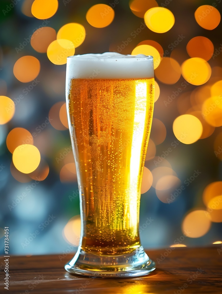 Poster glass of chilled beer on table and blurred sparkling bar background. : generative ai
