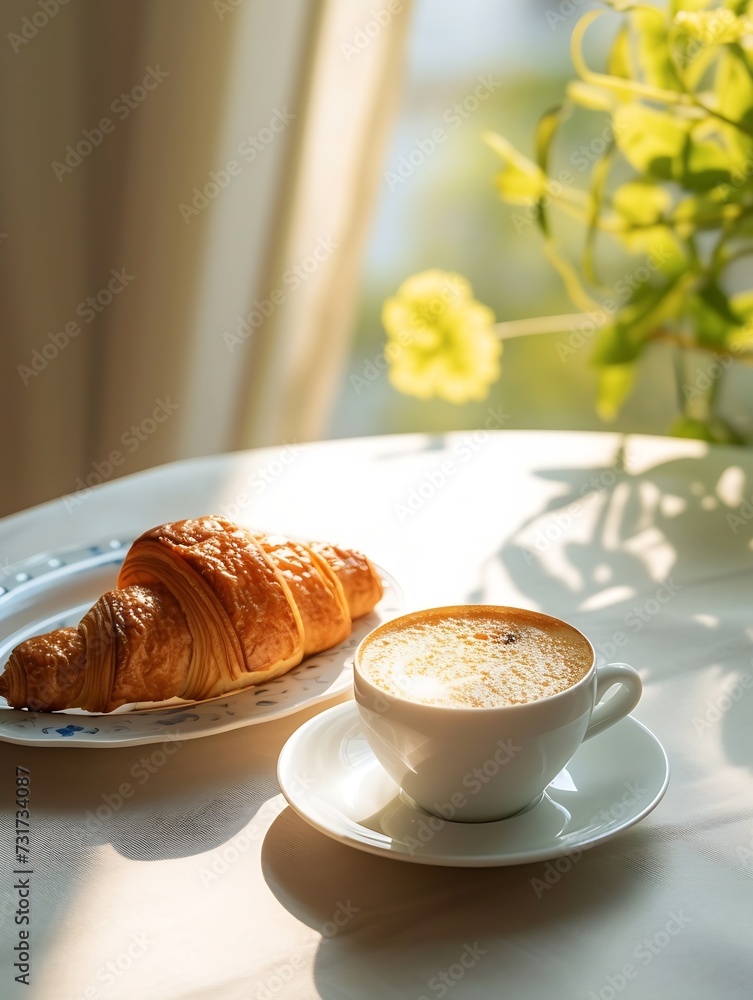 Poster breakfast view a bunch of croissant and a cup of coffee with cafe vibe background. : generative ai