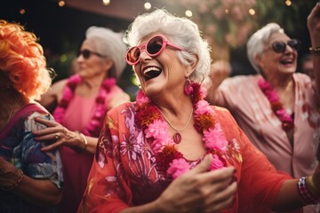A joyous elderly woman with Caucasian features is captured mid-laugh, wearing pink-tinted sunglasses and a floral outfit, surrounded by friends in a lively outdoor celebration