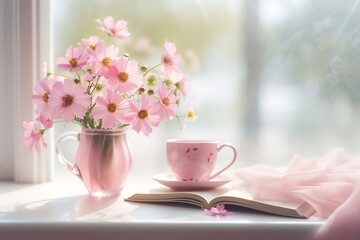 Fototapeta na wymiar Close-up of small pink flowers bouquet in glass vase with blurred soft focused background of pink cup of tea or coffee and opened book by the window. Slow living concept. : Generative AI
