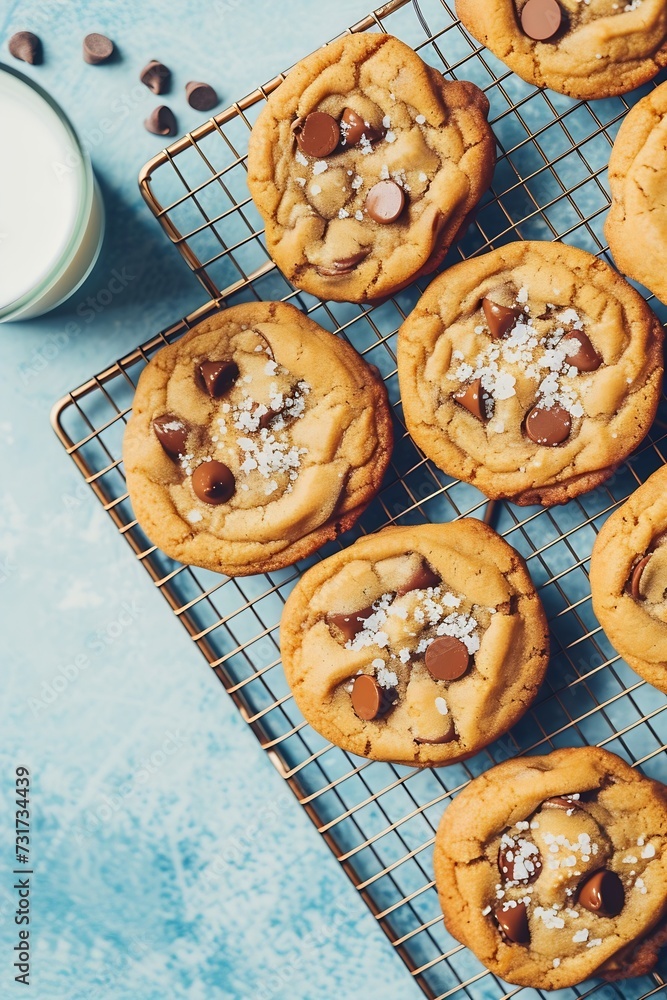 Poster Chocolate chip cookies on a cooling rack with flaky salt served with cold milk overhead shot : Generative AI