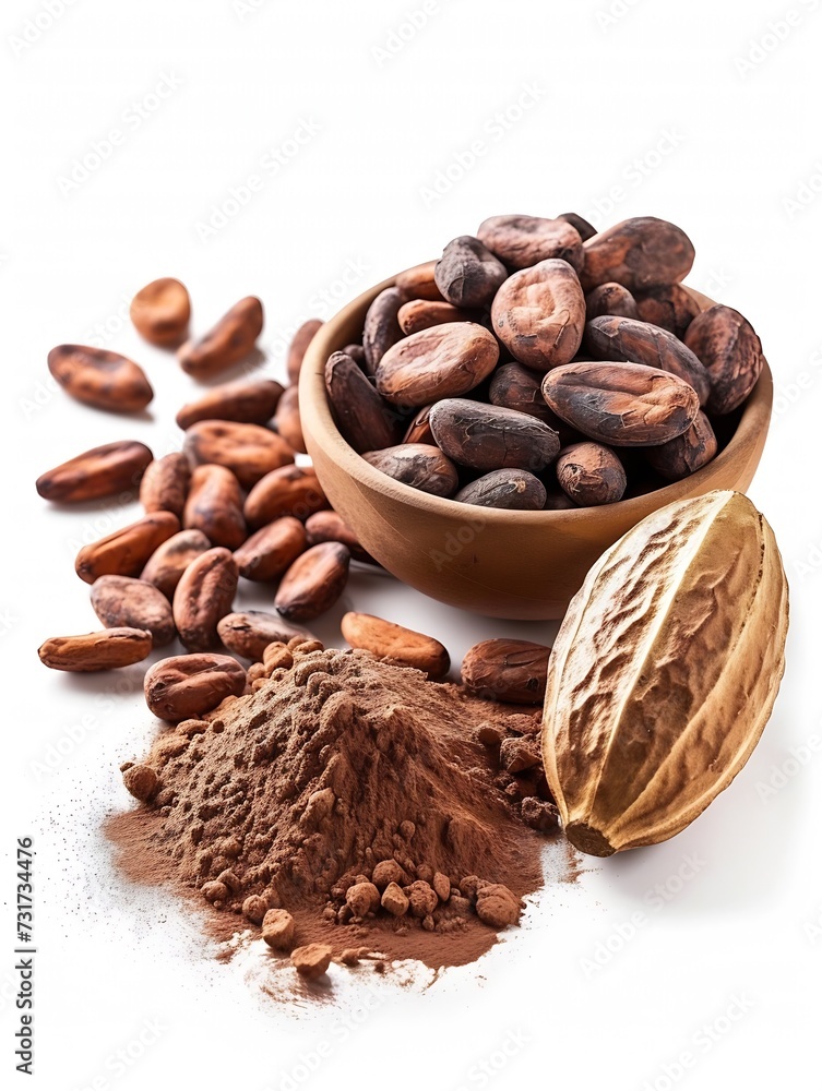 Poster Cocoa ingredients with cocoa beans, fresh cocoa pod and cocoa mass isolated on white background. : Generative AI