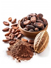 Cocoa ingredients with cocoa beans, fresh cocoa pod and cocoa mass isolated on white background. : Generative AI