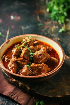 Traditional homemade Mutton curry from Asian cuisine. Spicy beef curry. Goan style beef vindaloo. Traditional Indian Lamb gravy popular in Kerala Sri Lankan Goa Appam Parotta porotta i : Generative AI