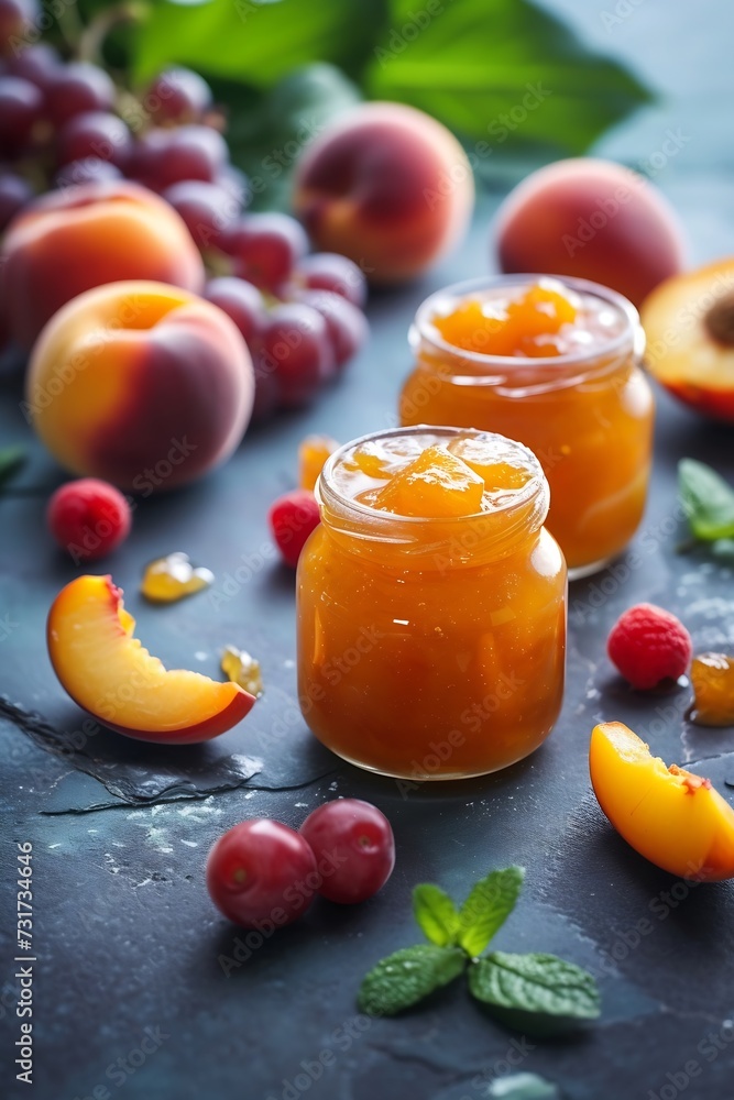 Poster two jars with peach jam and fresh fruits on stone background. : generative ai