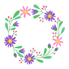 Floral round frame with purple and pink flowers, buds, red berries and green leaves. Cute spring wreath. Meadow flowers, wild plants. Botanical decor for design, card. Design for 8 march, easter. 