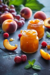 Two jars with peach jam and fresh fruits on stone background. : Generative AI