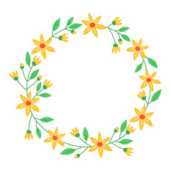 Floral round frame with yellow flowers, buds and green leaves. Botanical decor for design, card. Spring wreath. Design for 8 march, easter. Meadow flowers, wild plants. 