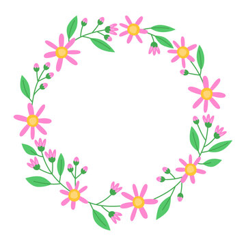 Floral round frame with pink flowers, buds and green leaves. Botanical decor for design, card. Spring wreath. Design for 8 march, easter. Meadow flowers, wild plants. 