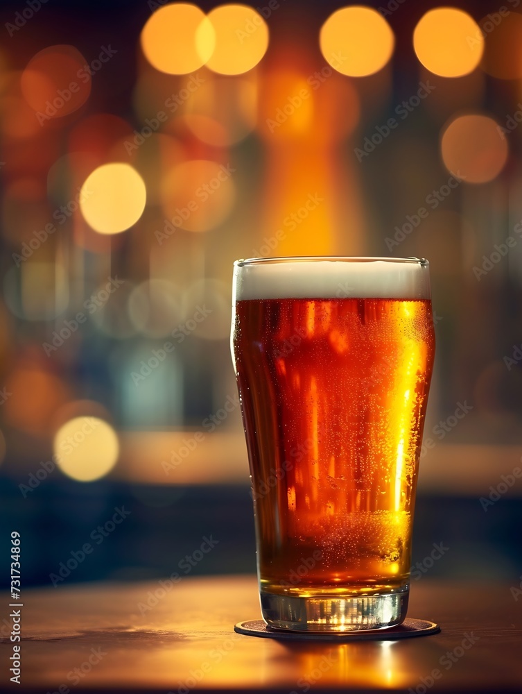 Poster glass of chilled beer on table and blurred sparkling bar background. : generative ai