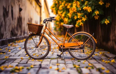 Foto op Aluminium old bicycle on the cobblestoned street in autumn created with Generative AI technology © Edi