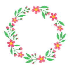 Floral round frame with pink flowers, buds and green leaves. Botanical decor for design, card. Spring wreath. Design for 8 march, easter. Meadow flowers, wild plants. 