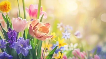Easter background with beautiful spring flowers : Generative AI