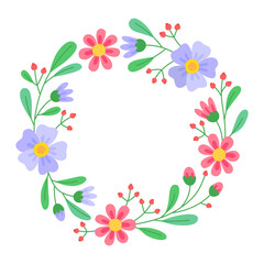 Floral round frame with blue and pink flowers, buds, red berries and green leaves. Cute spring wreath. Meadow flowers, wild plants. Botanical decor for design, card. Design for 8 march, easter. 