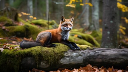 Naklejka na ściany i meble AI generated illustration of A fox is pictured resting on a mossy log in a lush, forest setting