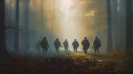 AI generated illustration of a group of military personnel walking through a war-torn landscape