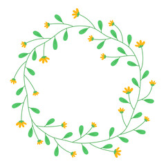 Floral round frame with small yellow flowers. Elegant spring wreath. Meadow flowers. Spring and summer plants. Botanical decor for design, card. Design for 8 march, easter. 