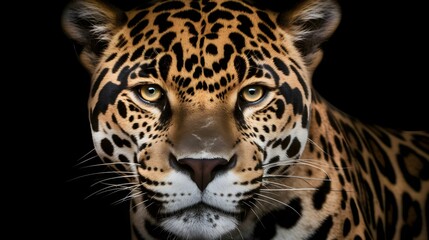 AI generated illustration of A jaguar looks intently at the camera with its piercing eyes