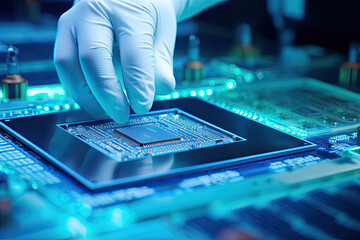 半導体とハイテク工場、Hands in blue gloves working with semiconductor chips. High tech factory industrial image.Generative AI - obrazy, fototapety, plakaty