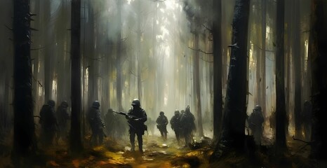AI generated illustration of a group of military personnel walking through a war-torn landscape - obrazy, fototapety, plakaty