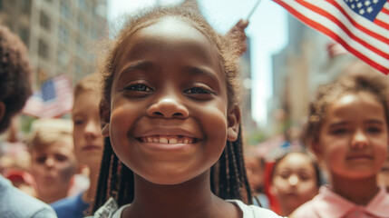Joyful Young Girl Smiling with American Flag in Background
 - obrazy, fototapety, plakaty