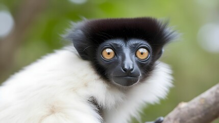 AI generated illustration of a striking black and white photograph of a lemur perched on tree branch