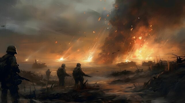 AI generated illustration of a group of military personnel walking through a war-torn landscape